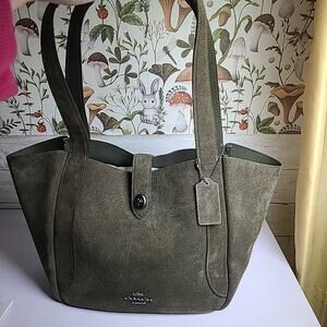 NWT COACH Hadley SUEDE Green Olive/ Gunmetal Leather Turnlock Tote Shoulder Bag